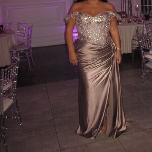 Strapless Beaded Satin Evening Gown in a sparkly taupe color